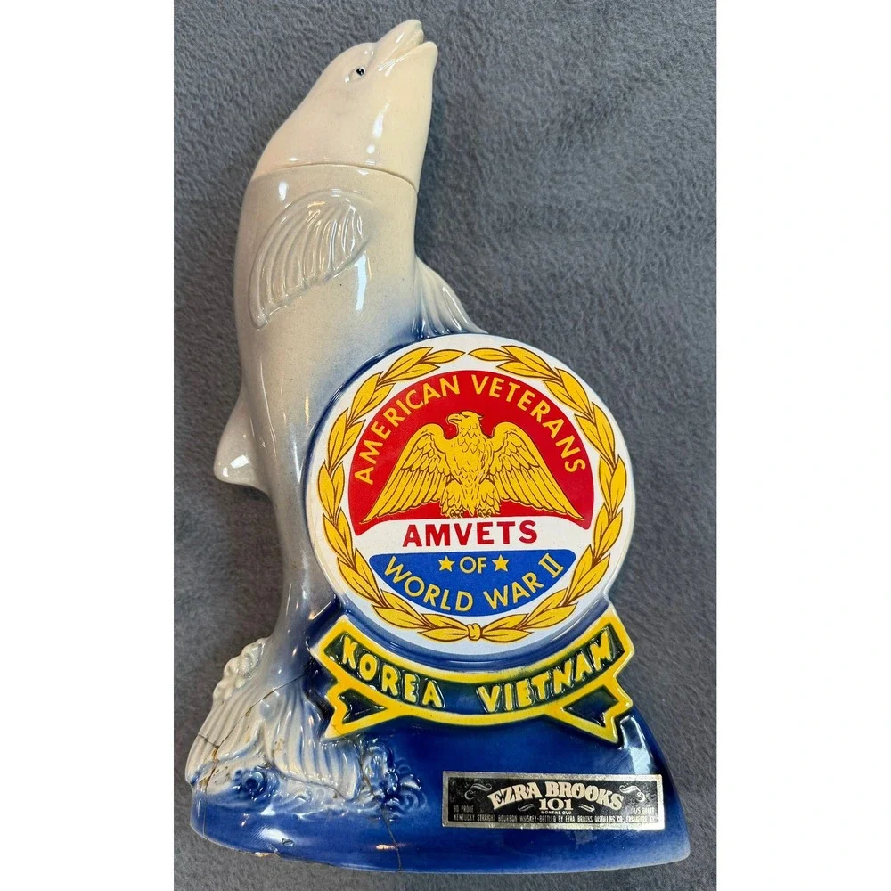 Vintage 1974 Ezra Brooks AMVETS Dolphin Decanter Hollywood Florida 30th National